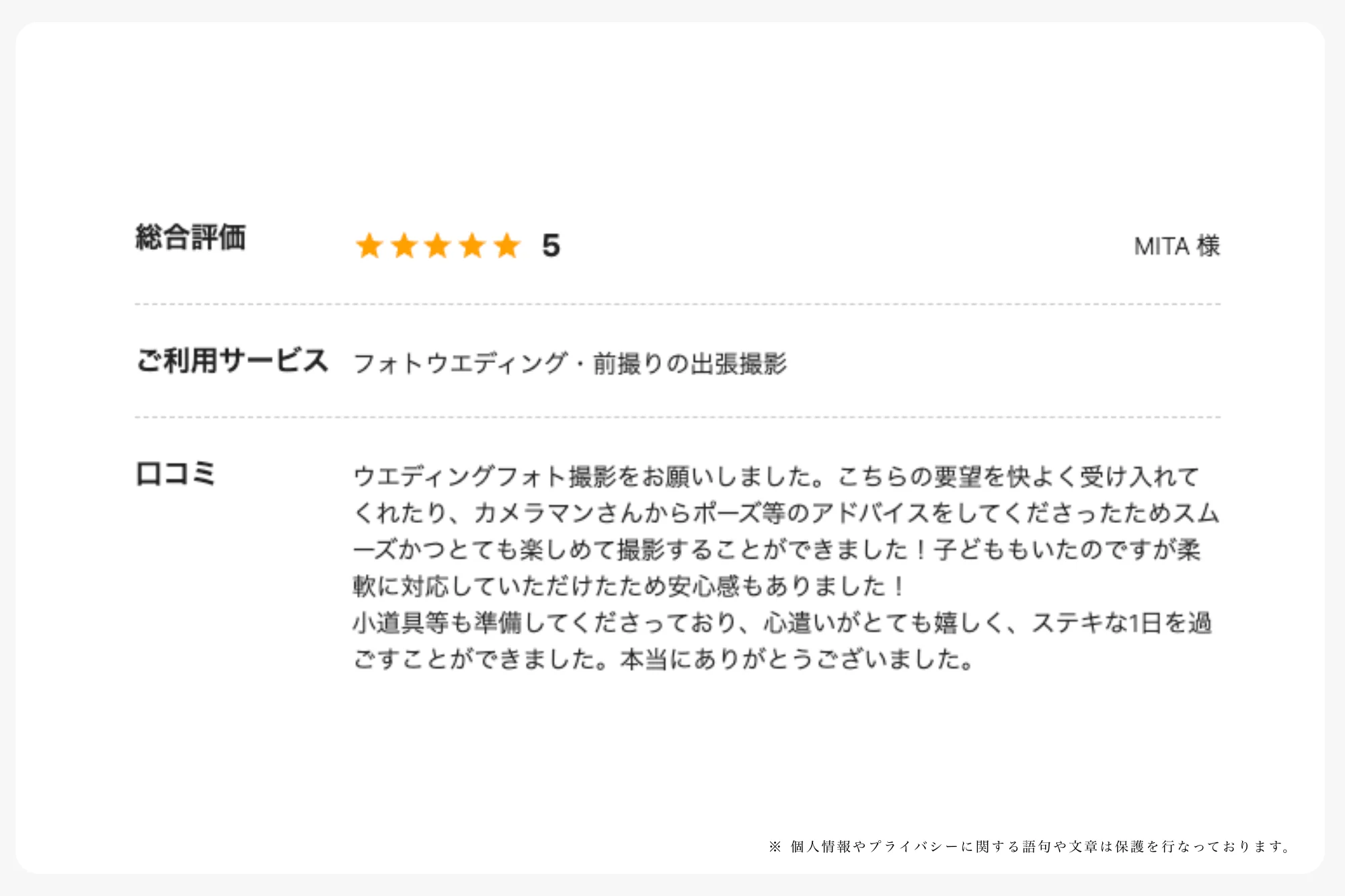 CREATIVE HOUSE のMITA様から頂いた大分でのフォトウェディングの口コミ